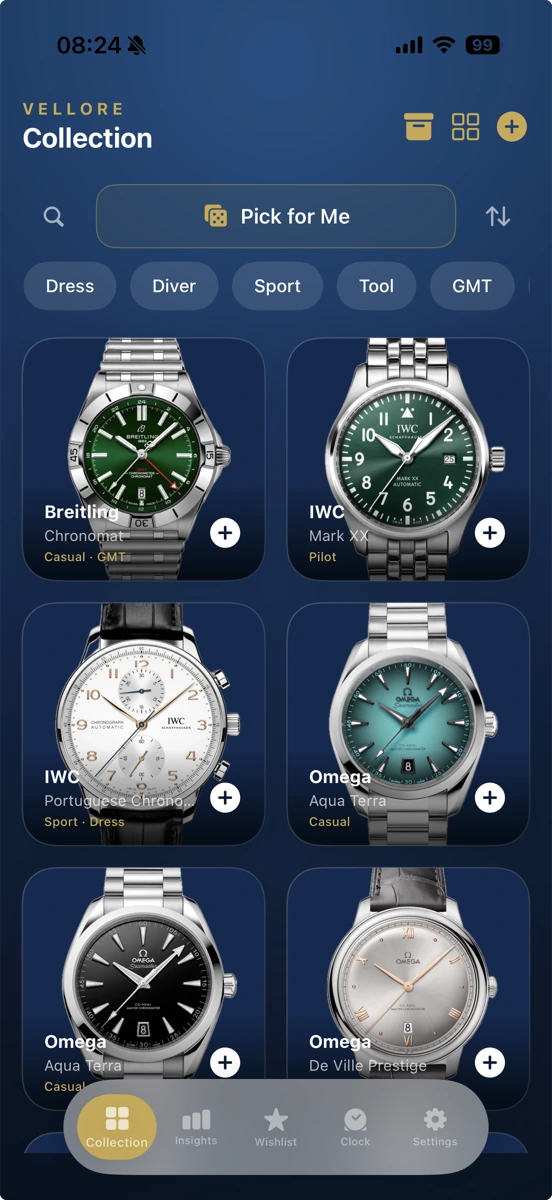 Vellore watch collection app showing the library view with luxury watches