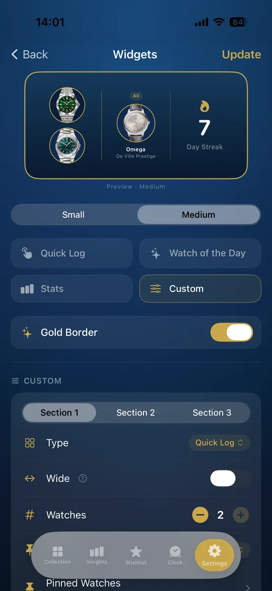Vellore widget settings, building a custom home screen widget from quick log, watch of the day and stats sections