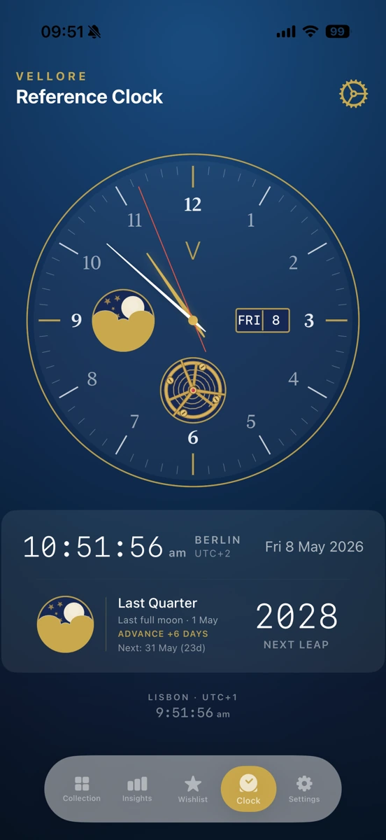Vellore reference clock with analog dial, moon phase, and world time