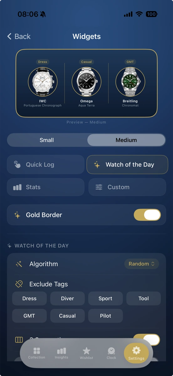 Vellore customizable iOS widgets for quick wear logging and watch of the day